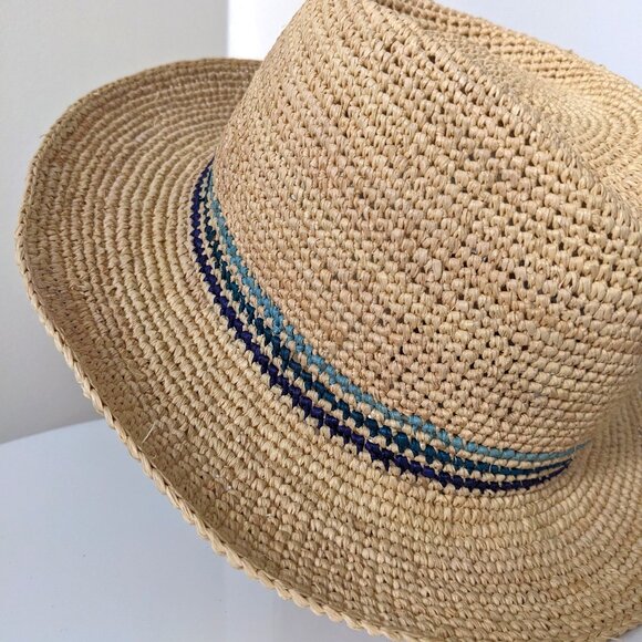 Crocheted natural raffia fedora hat made in Madagascar